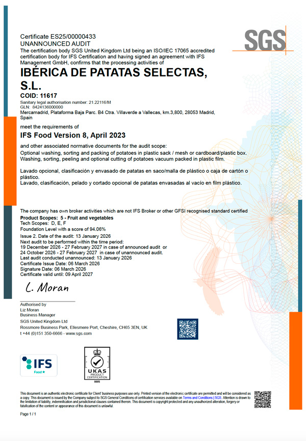 Certificado IFS - Ibérica de Patatas